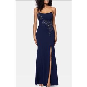 NWT $309 Betsy & Adam Navy Blue Beaded Floral Strapless Scuba Crepe Gown Size 4
